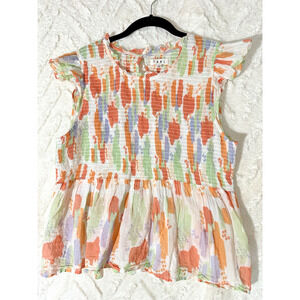 THML Large white pastel abstract flirty Smocked Ruffled Sleeveles Cotton Top